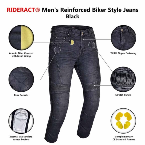 RIDERACT® Men’s Black Motorcycle Biker Jeans Pants Riding Gear with CE Armor NEW - Picture 9 of 10
